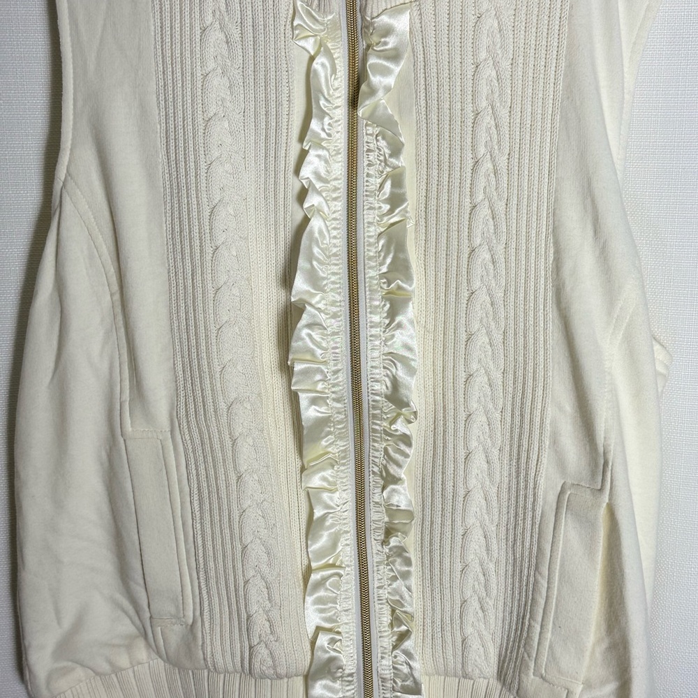 Draper’s & Damon’s Ivory Cable Knit Vest Ruffle Zip Preppy Classic Size L - Picture 3 of 7